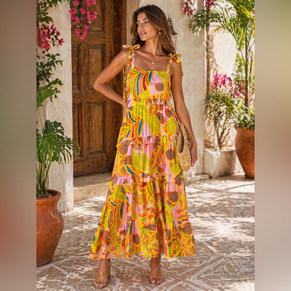 Flora Bea NYC Carey Midi Dress $198 MSRP Yellow Tie‎ Strap Cotton Medium